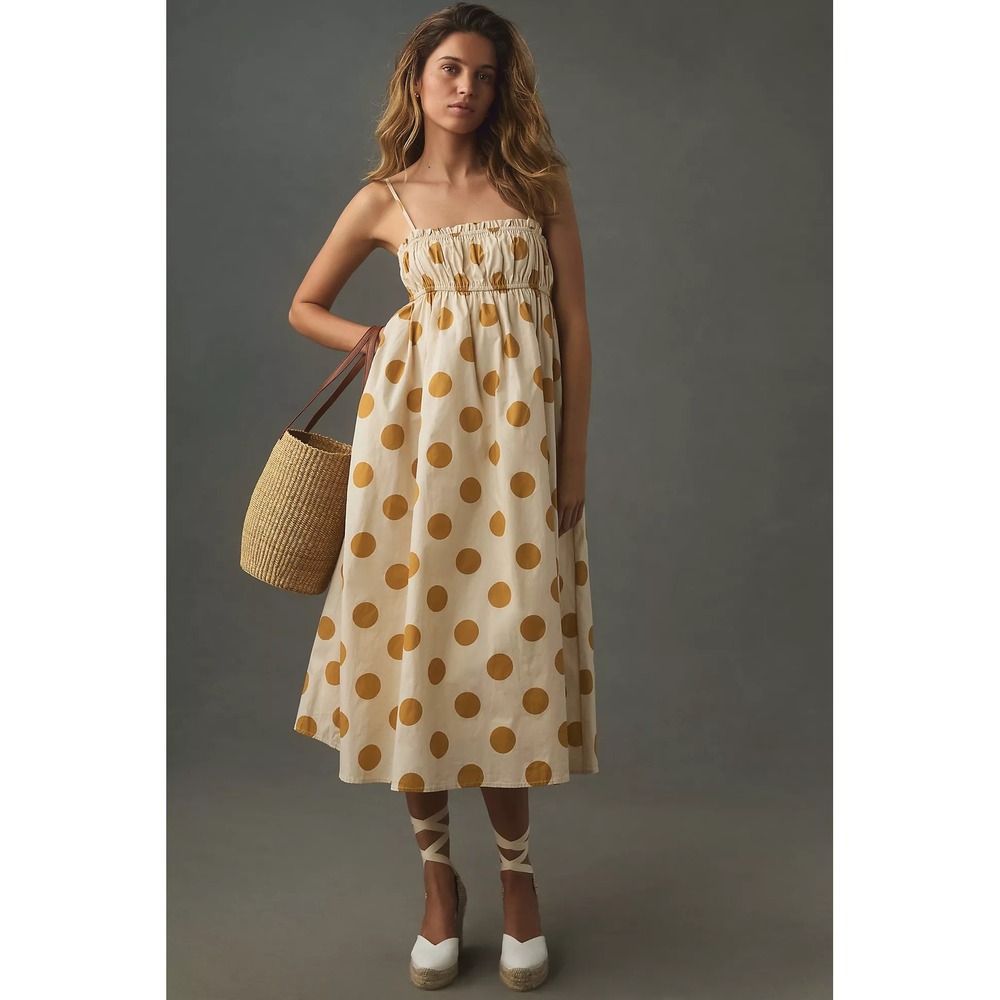English Factory Polka Dot Smocked Midi Dress Mustard Yellow Cream Size M